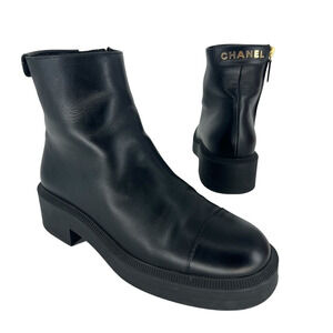 Chanel 2021 Calfskin CC Logo Ankle Boots Black Patent Cap Toe Size 36